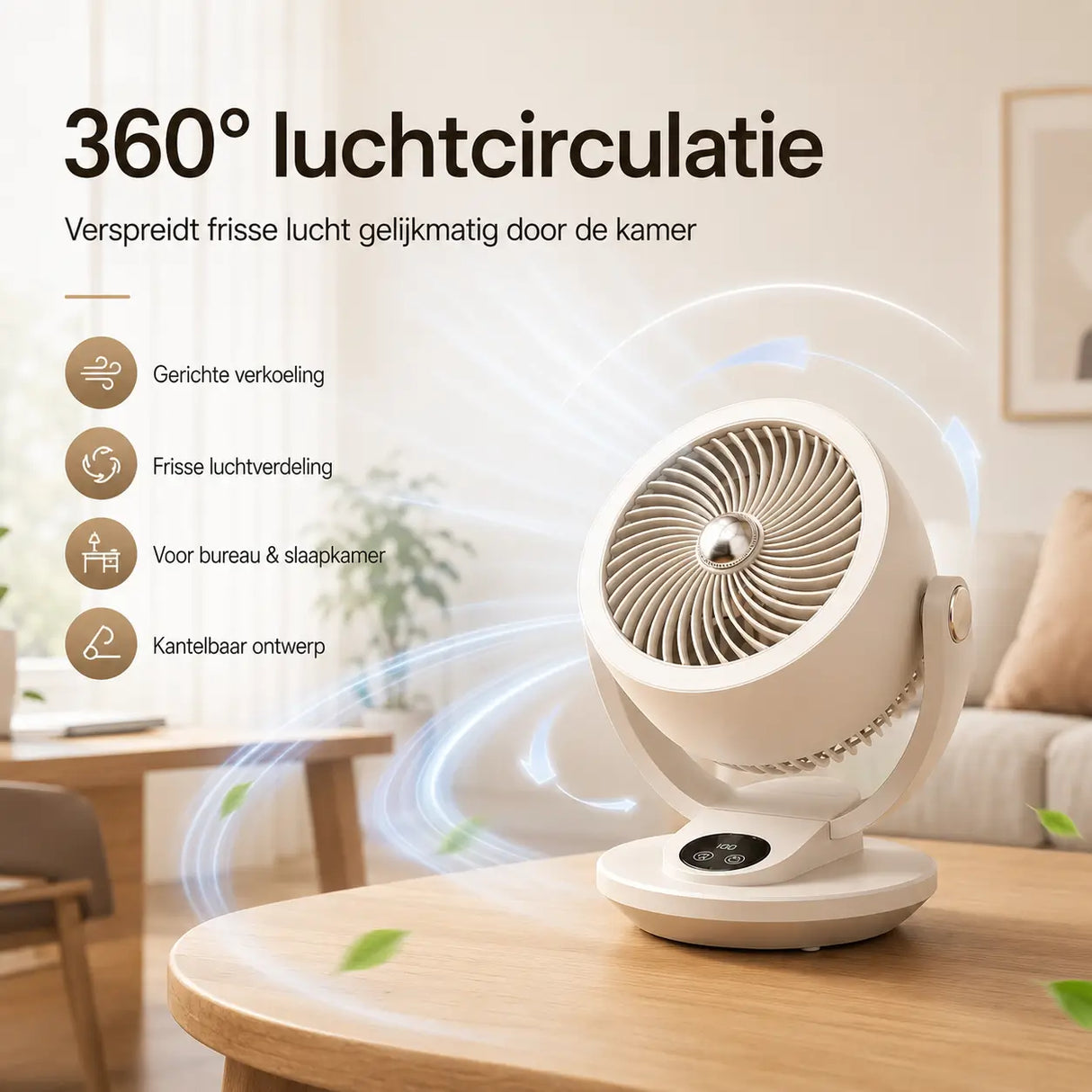 Airstream ventilator van Middo met 360 graden luchtcirculatie voor gelijkmatige verkoeling in de kamer