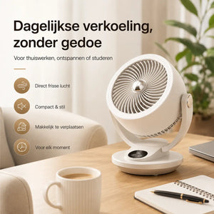 Compacte Airstream ventilator van Middo voor krachtige verkoeling op bureau thuiswerkplek of studentenkamer