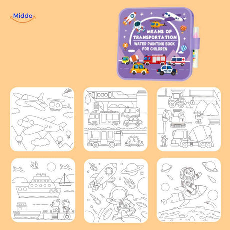 aquaDoodle boek vervoermiddelen waterkleurboek kinderen vliegtuig auto ruimtevaart www.middo.nl