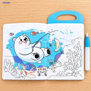 Open AquaDraw waterkleurboek met ijsbeerillustratie en blauwe waterpen