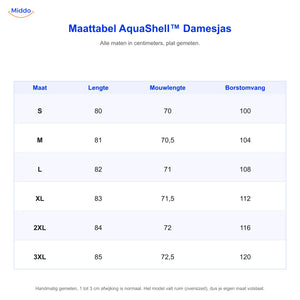 Maattabel AquaShell damesjas in centimeters, maat S tot 3XL