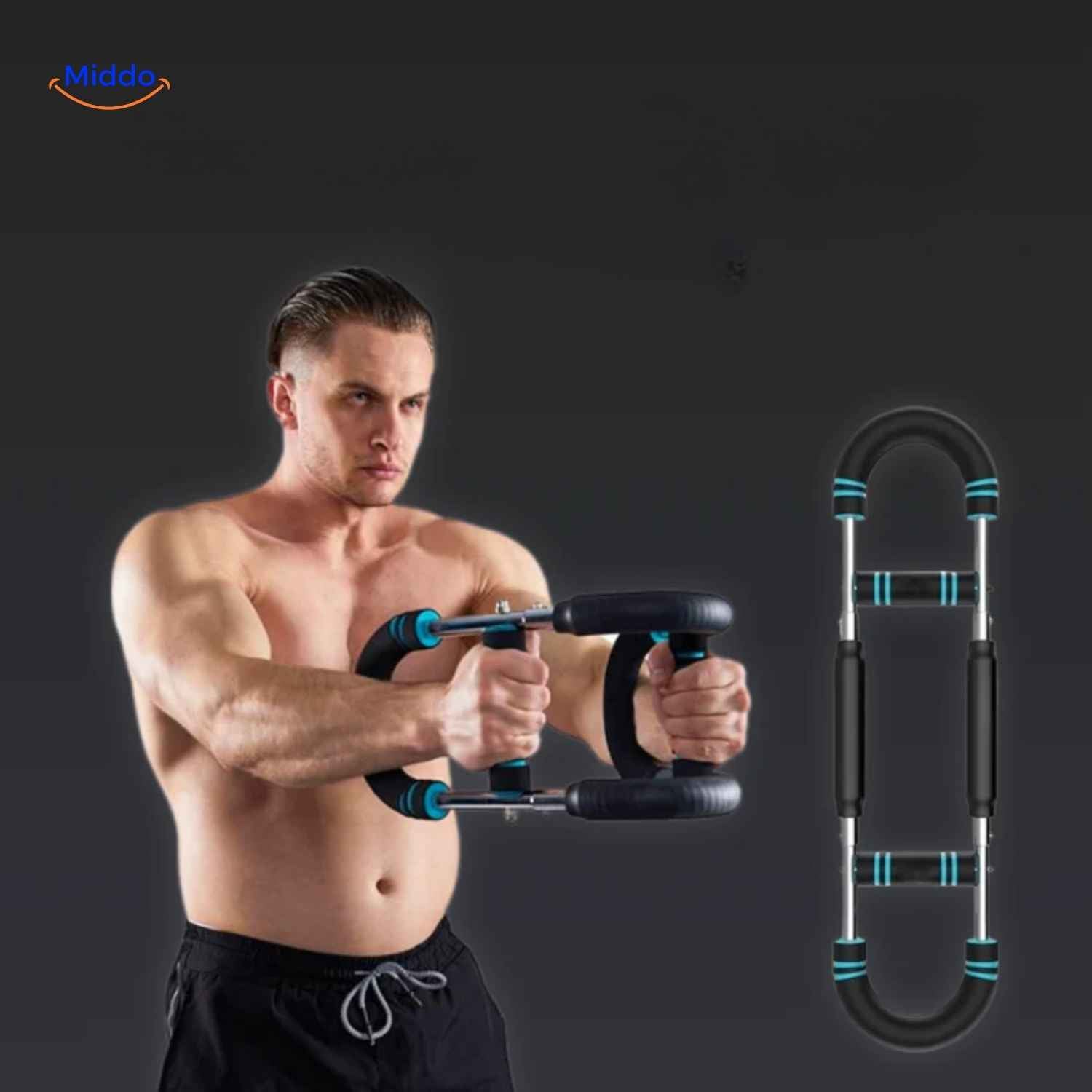 armflex trainer man demonstreert armtrainer voor borst en biceps www.middo.nl