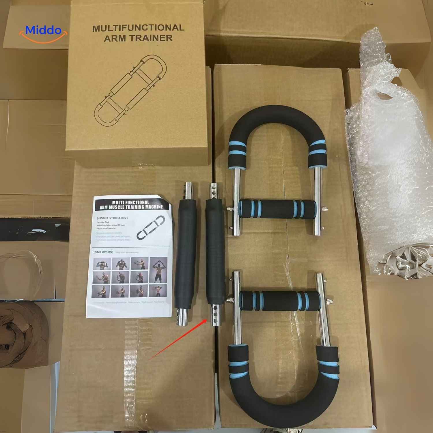 armflex trainer productverpakking en montageset met handleiding www.middo.nl