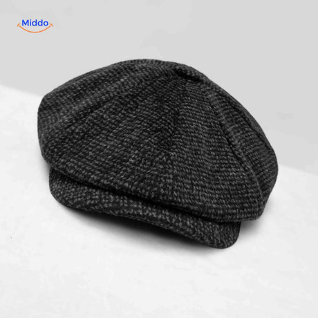 blinderstyle cap antraciet houndstooth wollen pet www.middo.nl