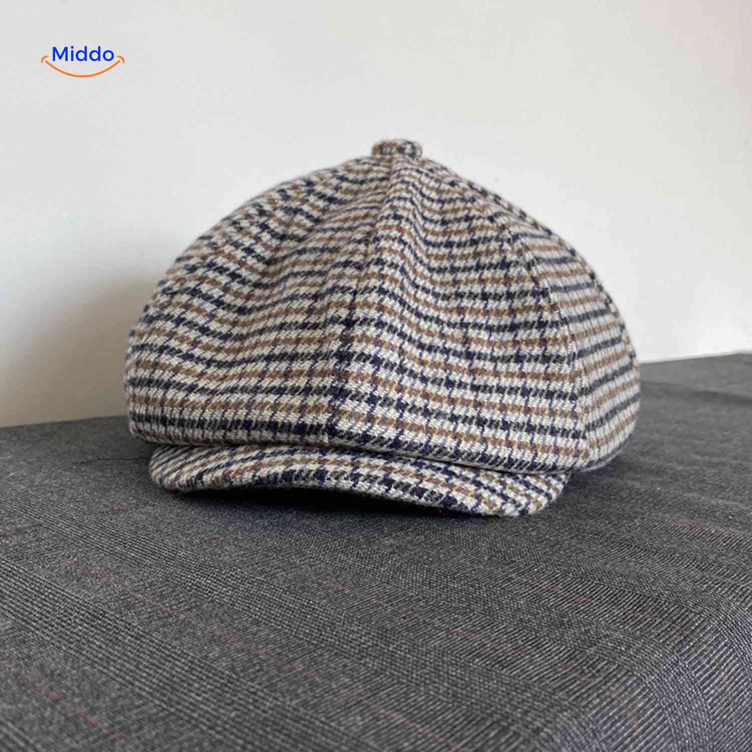 blinderstyle cap blauw bruin houndstooth wollen pet www.middo.nl