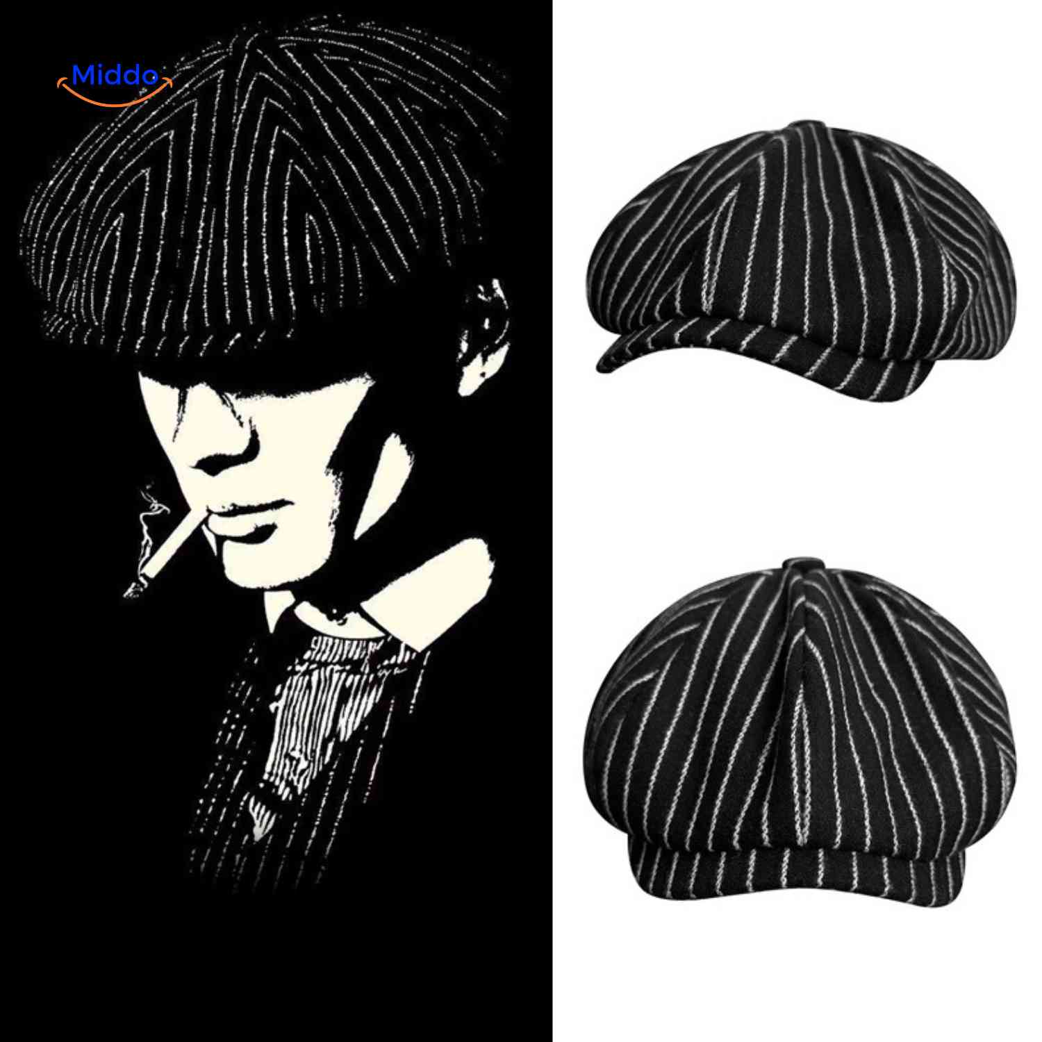 blinderstyle cap zwart wit streep peaky blinders pet www.middo.nl