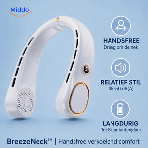 Nederlandse uitleg van handsfree gebruik, relatief stil geluid en 6–8 uur accuduur