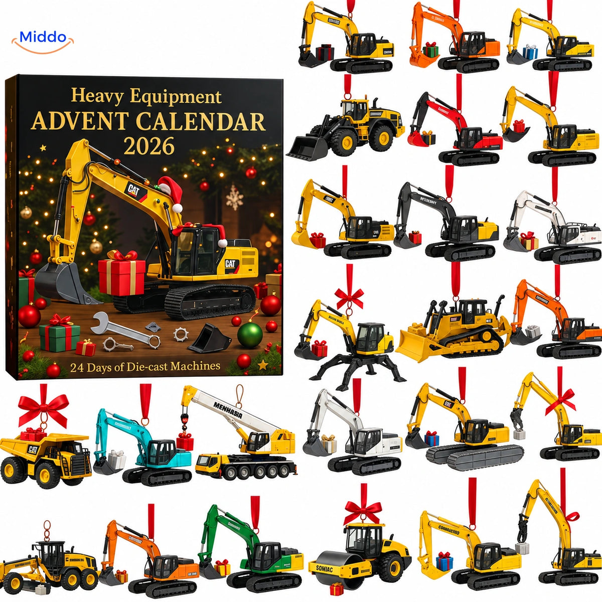 Buildora adventskalender Bouwmachines – verpakking en hangermotieven