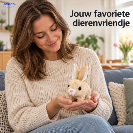 BunnyBuddy Beige pluche konijntje in de handen van een volwassene