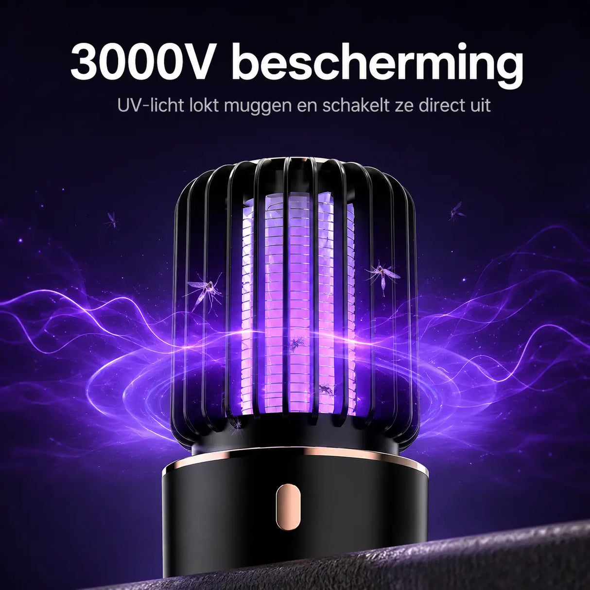 Zwarte BuzzAway elektrische muggenlamp met paars UV-licht en 3000V rooster