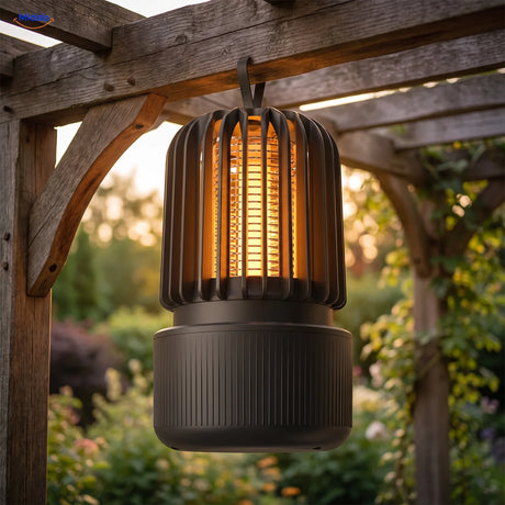 BuzzAway muggenlamp hangend aan de ophanglus onder een pergola