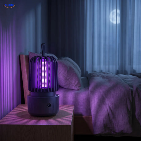 BuzzAway muggenlamp in de UV-stand op een nachtkastje