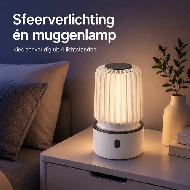 Witte BuzzAway muggenlamp als warme sfeerverlichting op een nachtkastje