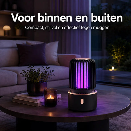 Zwarte BuzzAway muggenlamp voor gebruik binnen en buiten