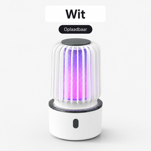 Witte oplaadbare BuzzAway muggenlamp met paars UV-licht