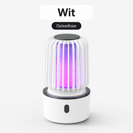 Witte oplaadbare BuzzAway muggenlamp met paars UV-licht
