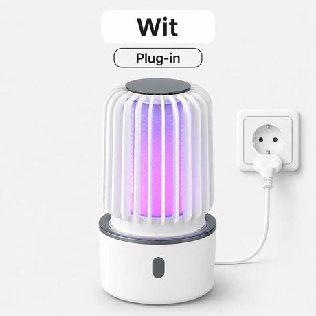 Witte BuzzAway plug-in muggenlamp aangesloten op een stopcontact