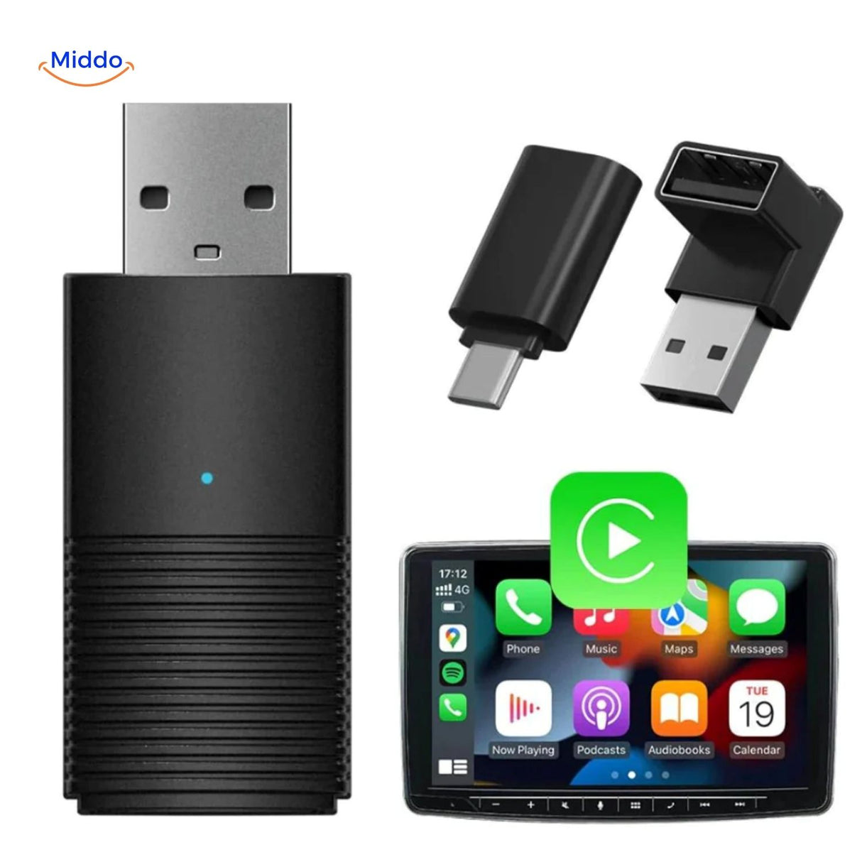 CarLink™ Pro complete set met adapter, USB-C converter en Apple CarPlay interface op display