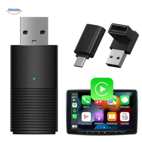 CarLink™ Pro complete set met adapter, USB-C converter en Apple CarPlay interface op display