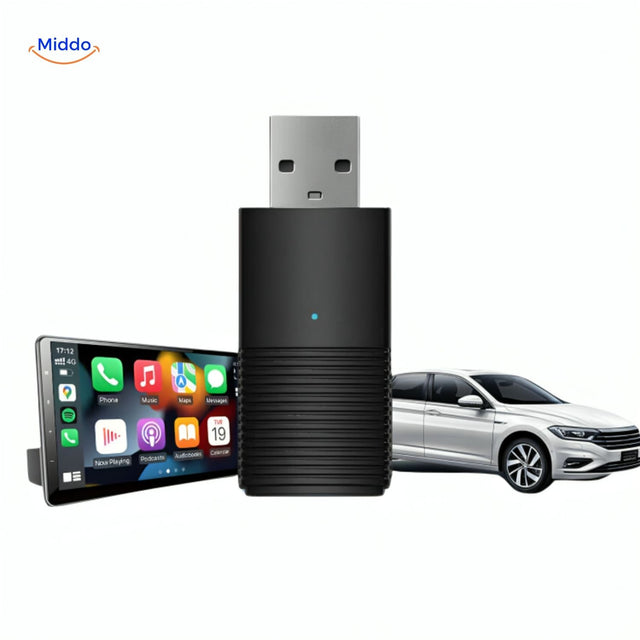 CarLink™ Pro draadloze Apple CarPlay-adapter met verbonden smartphone en auto op de achtergrond