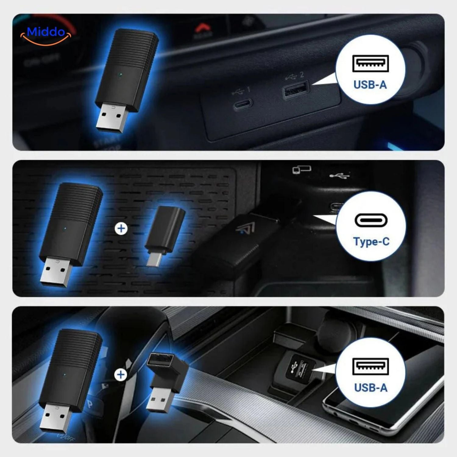 CarLink™ Pro-adapter aangesloten op de USB-poort van het dashboard van de auto, met een strak design en compatibiliteit
