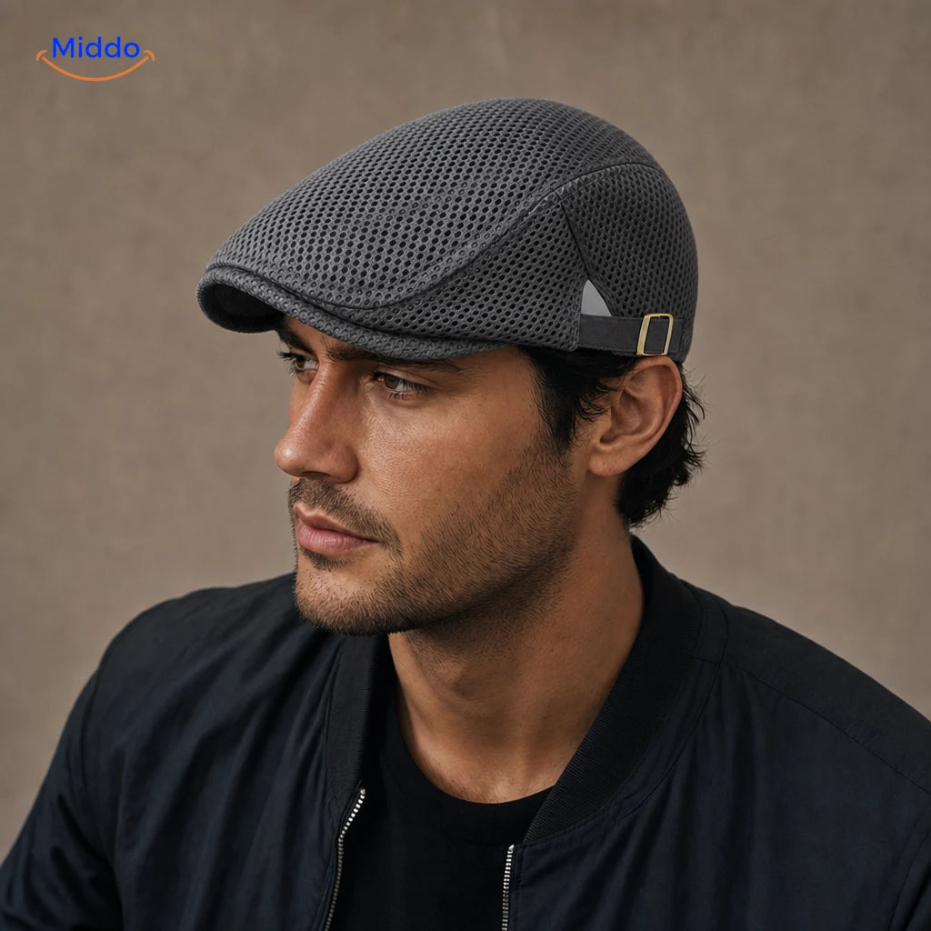 Donkergrijs Casual Mesh Flat Cap gedragen door een model