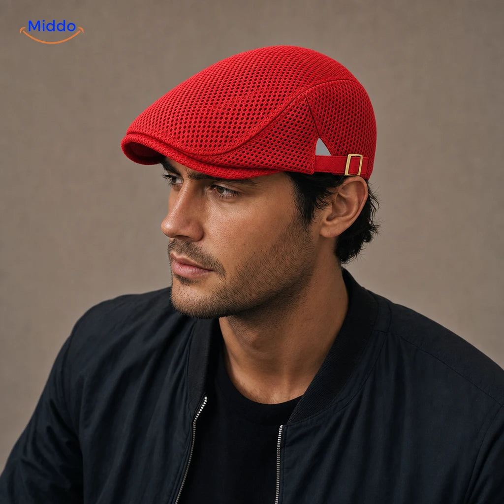 Felrood Casual Mesh Flat Cap gedragen door een model