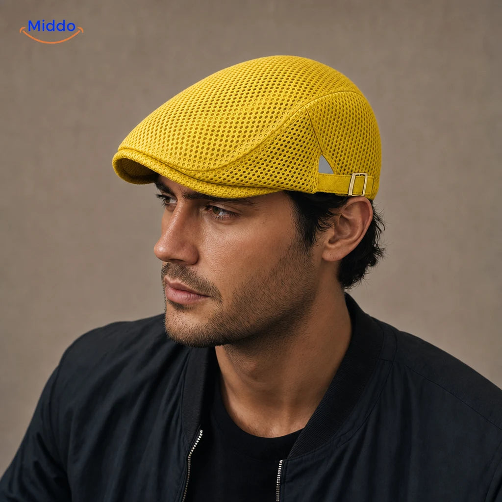 Geel Casual Mesh Flat Cap gedragen door een model