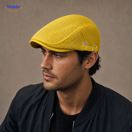 Geel Casual Mesh Flat Cap gedragen door een model
