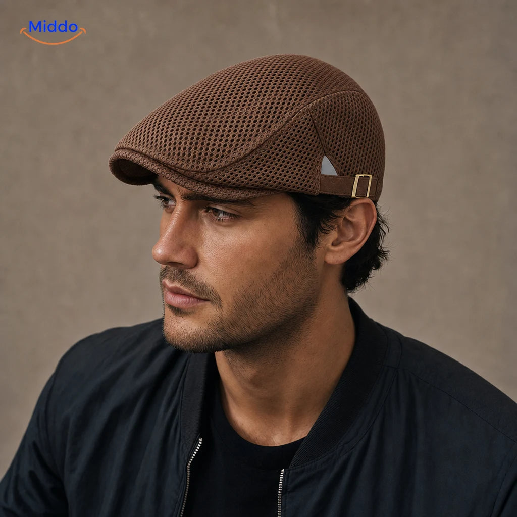 Koffiebruin Casual Mesh Flat Cap gedragen door een model
