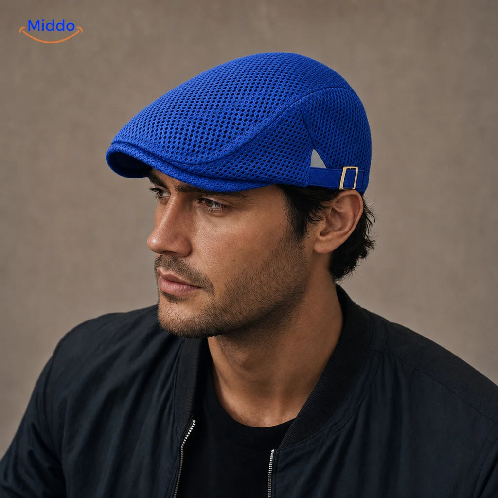 Koningsblauw Casual Mesh Flat Cap gedragen door een model