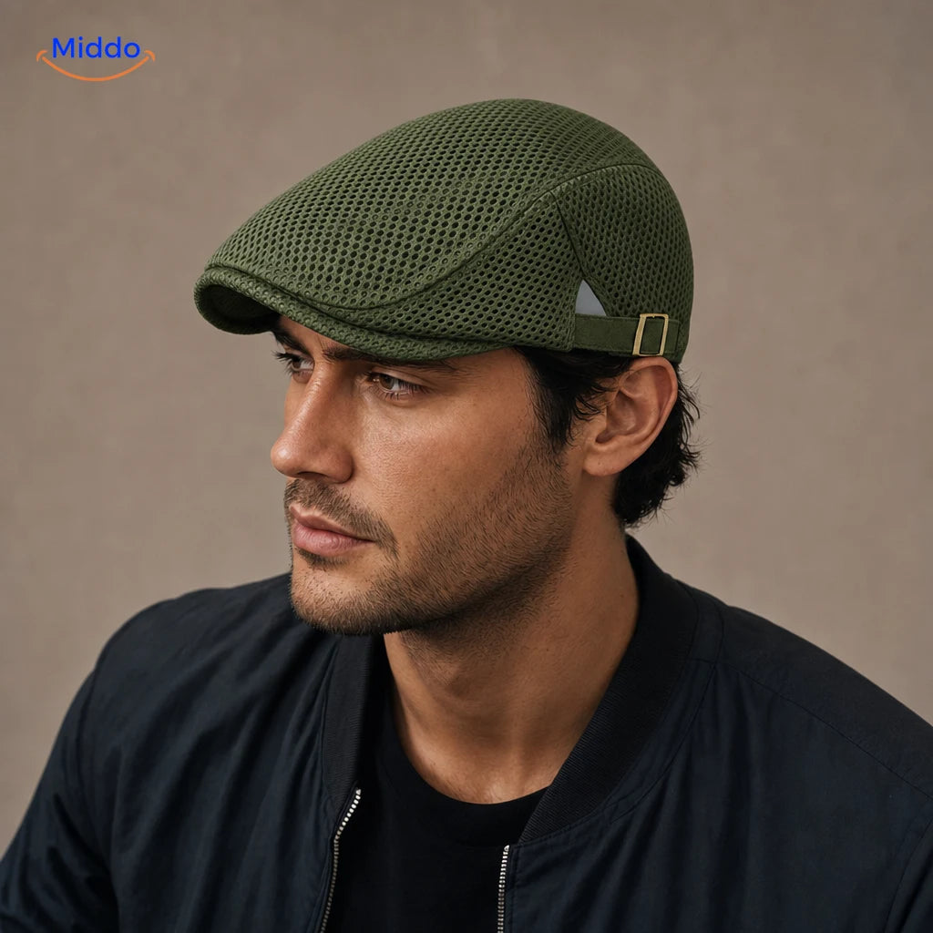 Legergroen Casual Mesh Flat Cap gedragen door een model