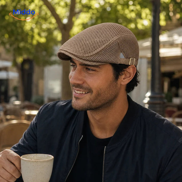 Man met khaki Casual Mesh Flat Cap in een ontspannen cafésfeer