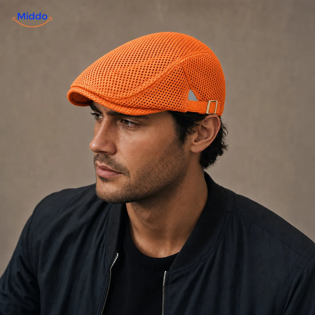 Oranje Casual Mesh Flat Cap gedragen door een model