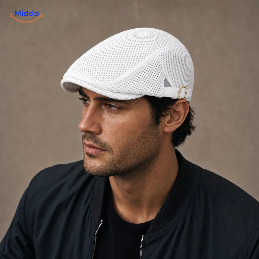 Wit Casual Mesh Flat Cap gedragen door een model