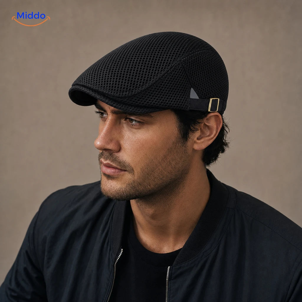 Zwart Casual Mesh Flat Cap gedragen door een model