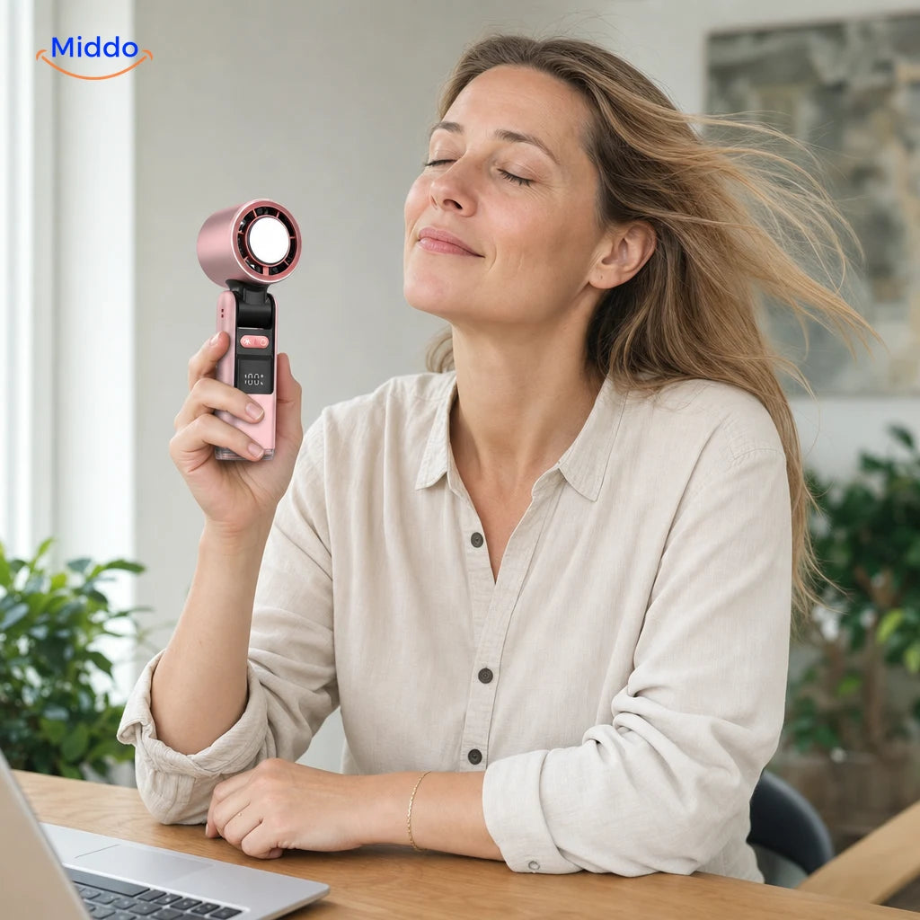 Roze ChillFlow handventilator met koelplaat