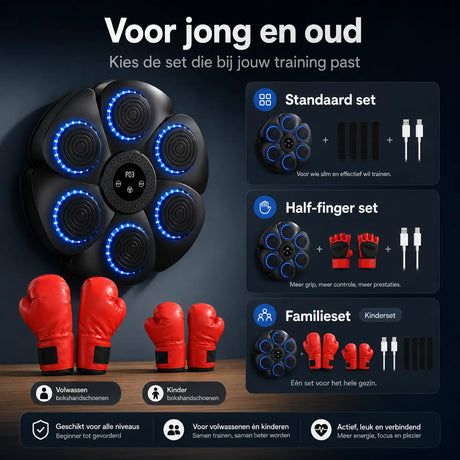 Classic bokstarget familieset met volwassen bokshandschoenen, kinderbokshandschoenen en meerdere setopties.