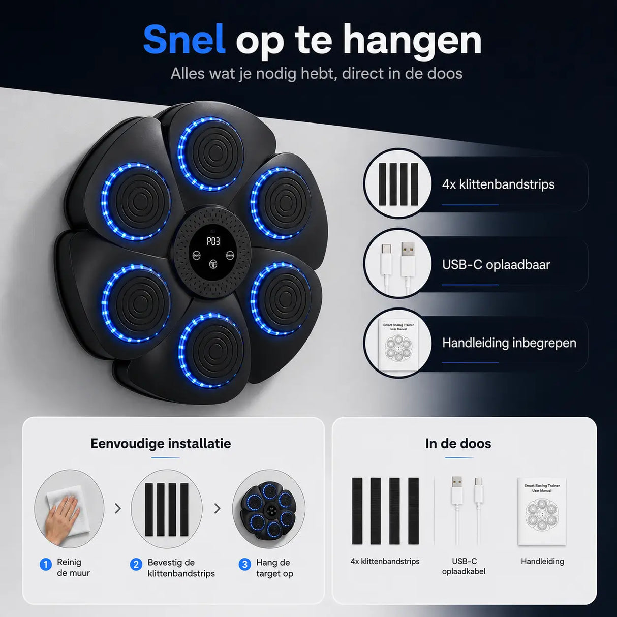 Classic bokstarget met klittenbandstrips, USB-C oplaadkabel en handleiding voor eenvoudige installatie.