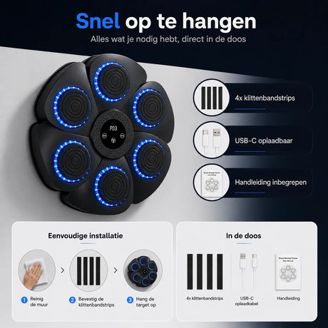 Classic bokstarget met klittenbandstrips, USB-C oplaadkabel en handleiding voor eenvoudige installatie.