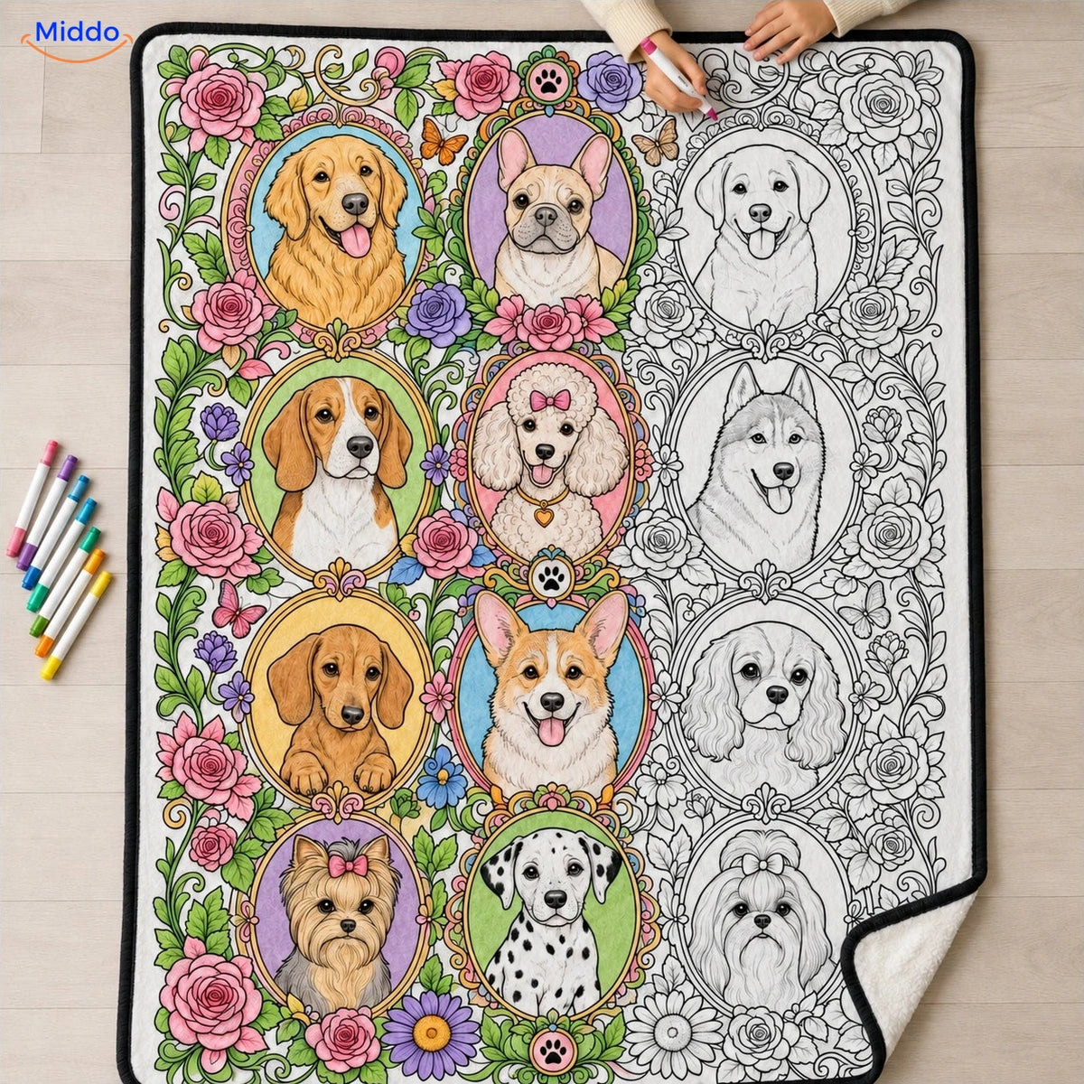 ColorFlow inkleurbare deken - Hondenportretten met bloemen
