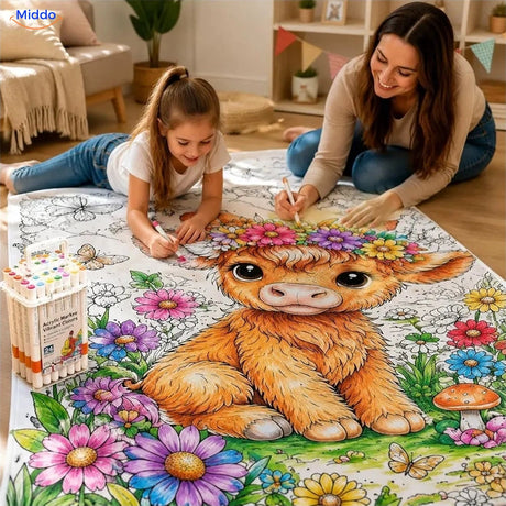 ColorFlow inkleurbare deken - Hooglanderkalf met bloemen