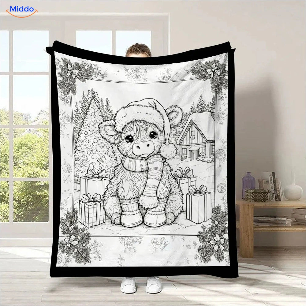 ColorFlow inkleurbare deken - Hooglanderkalf met kerstmuts
