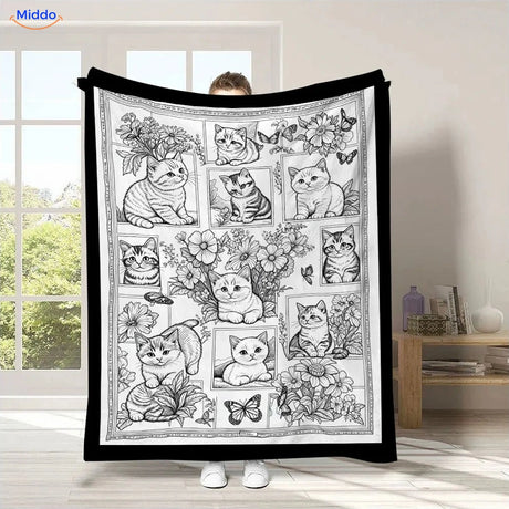 ColorFlow inkleurbare deken - Katten en bloemenlijstjes