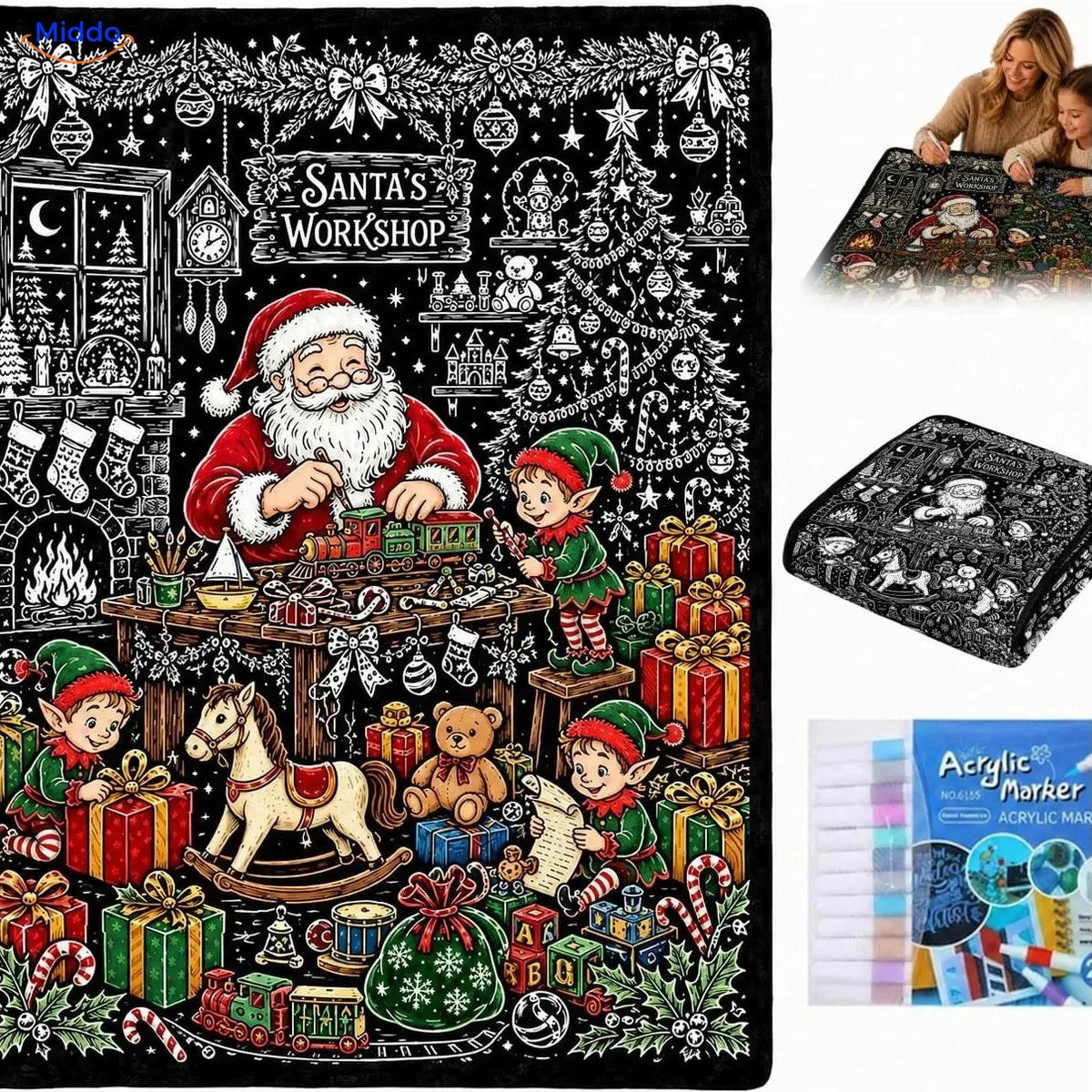 ColorFlow inkleurbare deken - Kerstmans werkplaats