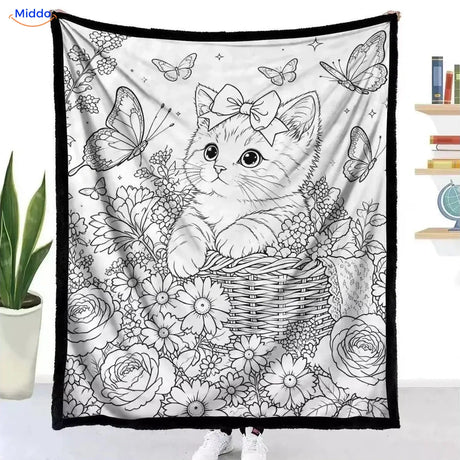 ColorFlow inkleurbare deken - Kitten in bloemenmand