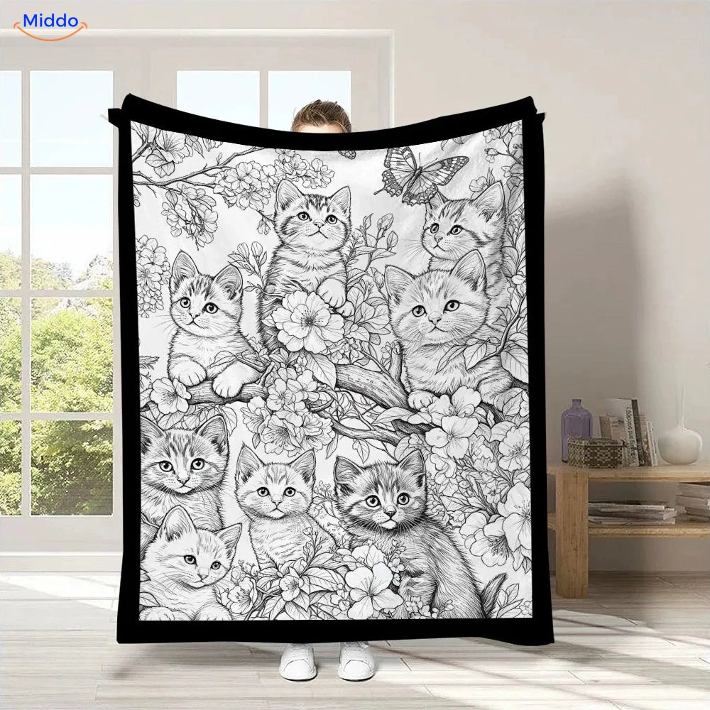 ColorFlow inkleurbare deken - Kittens tussen bloemen