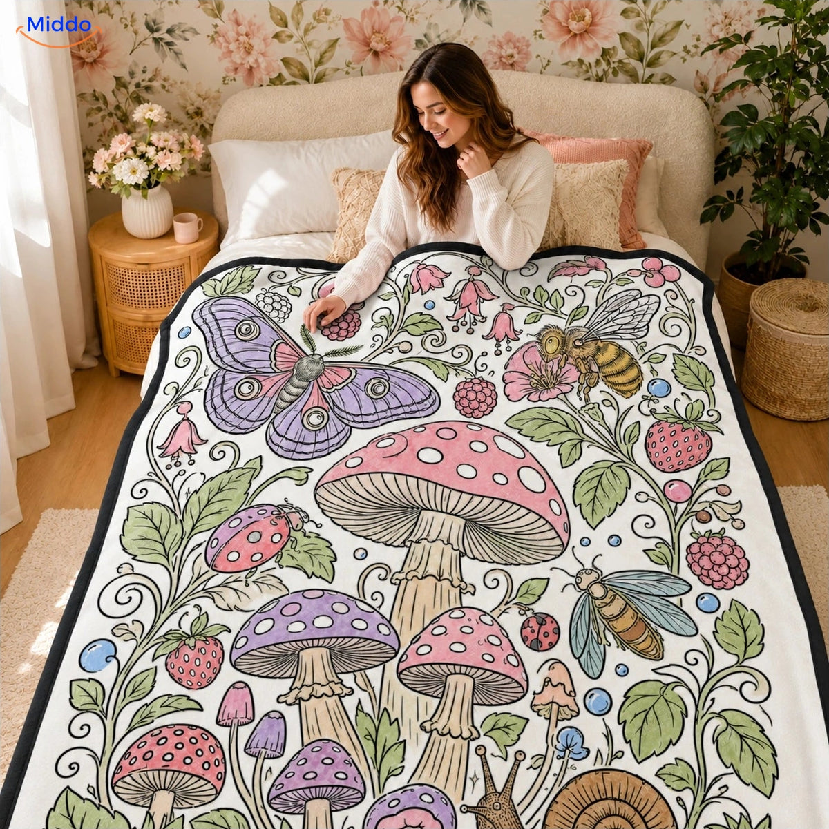 ColorFlow inkleurbare deken - Paddenstoelen en vlinders