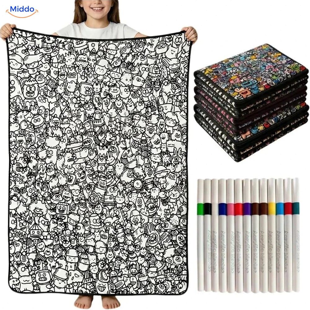 ColorFlow inkleurbare deken - Vrolijke doodlefiguurtjes