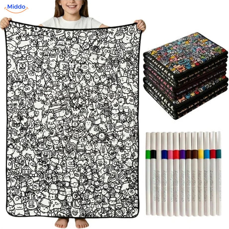 ColorFlow inkleurbare deken - Vrolijke doodlefiguurtjes